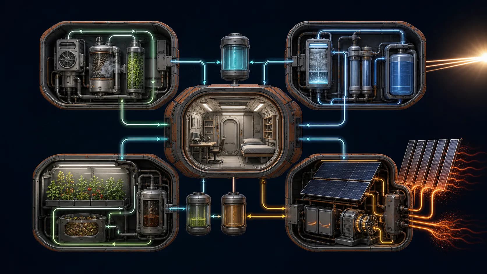 A sealed habitat links atmosphere processing, water recovery, food and waste cycling, and energy and heat control into one continuous system.