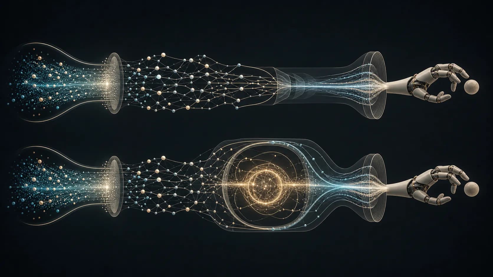Two matched information systems produce the same successful action, while only the lower pathway contains a luminous inner integration loop.