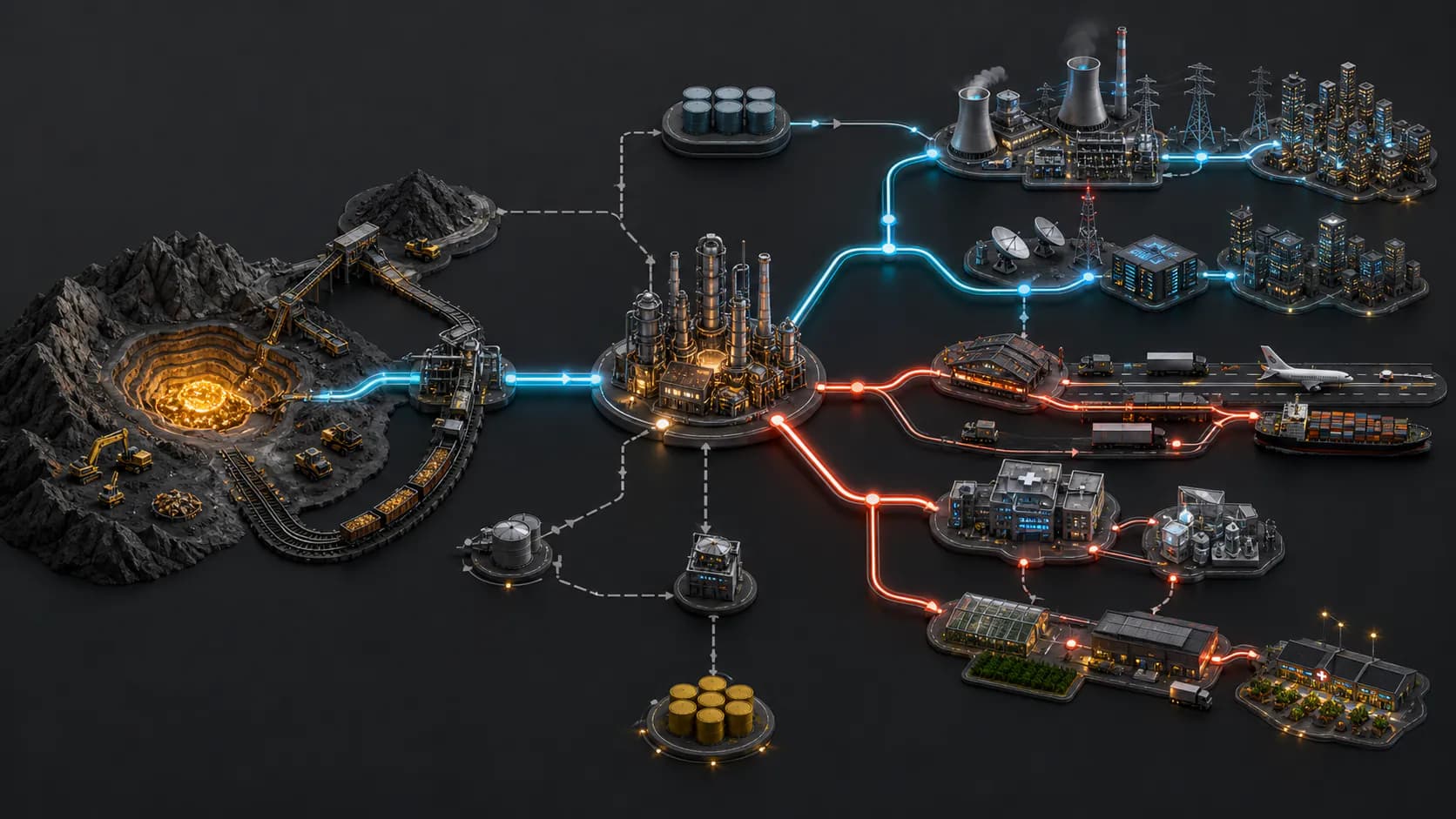 A concentrated mine and refinery feed power, communications, transport, health, and food systems through one network with weak alternate routes and buffers.