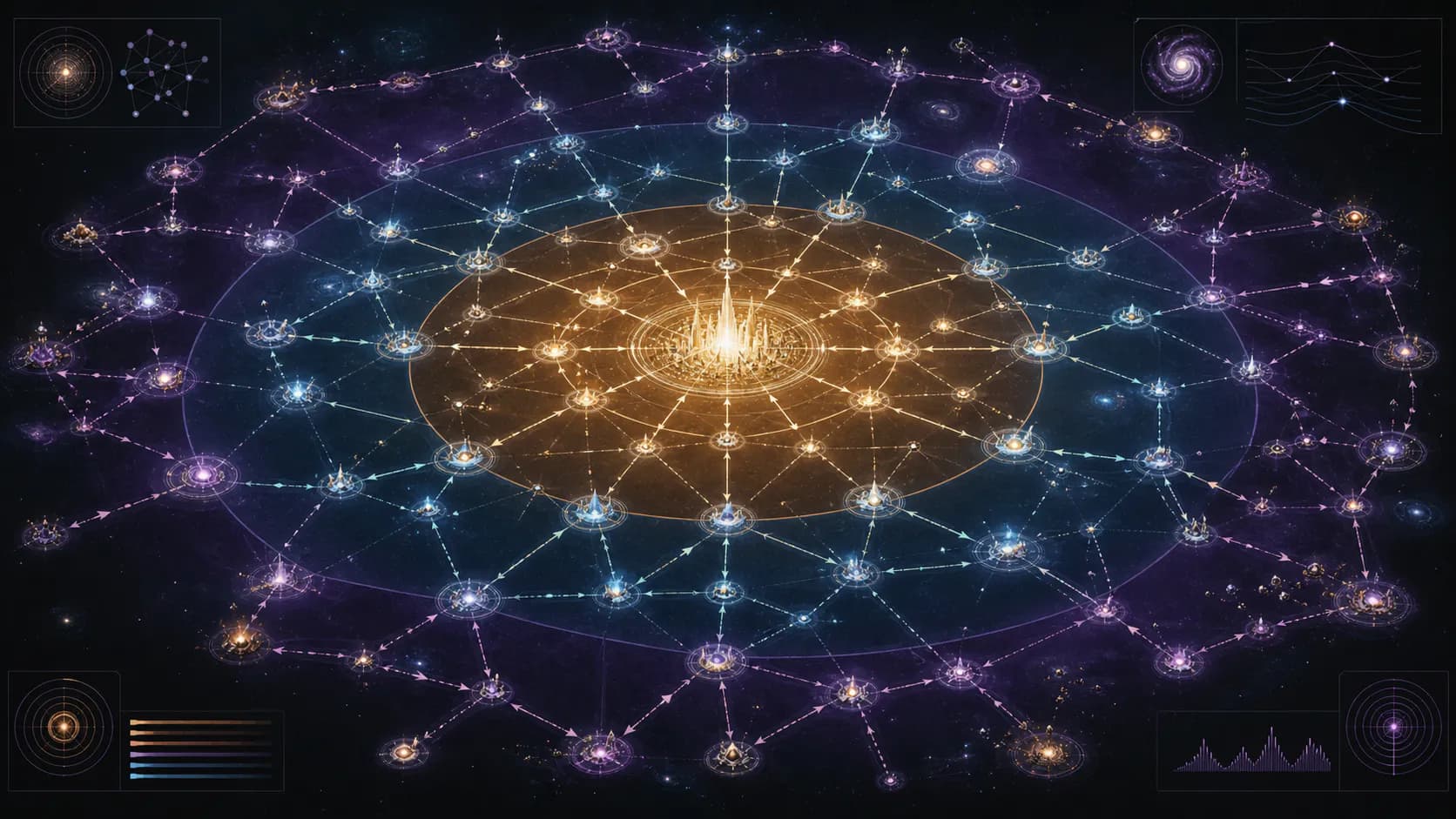 A bright imperial center sends authority through layered star-system networks that become slower, weaker, and more locally connected toward the frontier.
