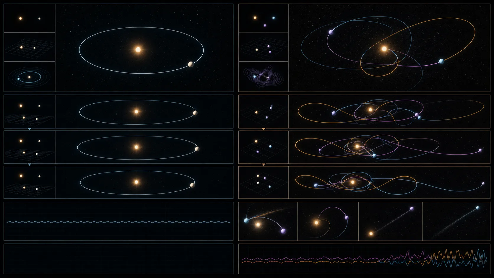 Stable two-body ellipses on the left contrast with three-body trajectories on the right that diverge, cross, and eject one object.