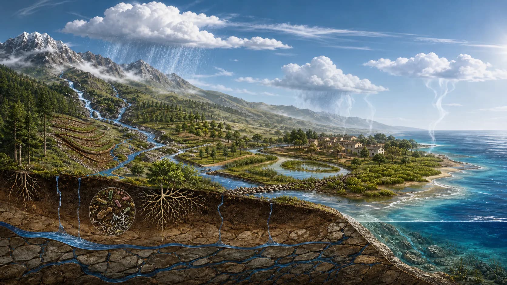 A continuous watershed cutaway links atmosphere, mountain rain, rivers, groundwater, soil life, restored wetlands, settlement, and coast.