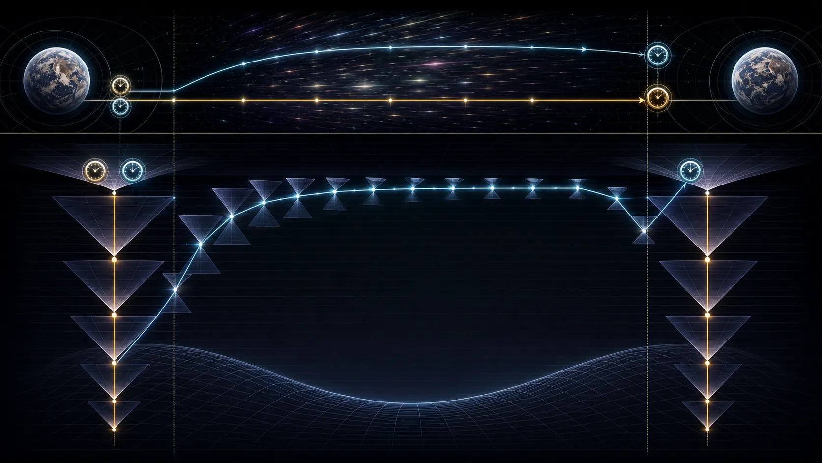 Two synchronized clock-lights leave one planet, follow stationary and high-speed worldlines, and reunite with different phases.