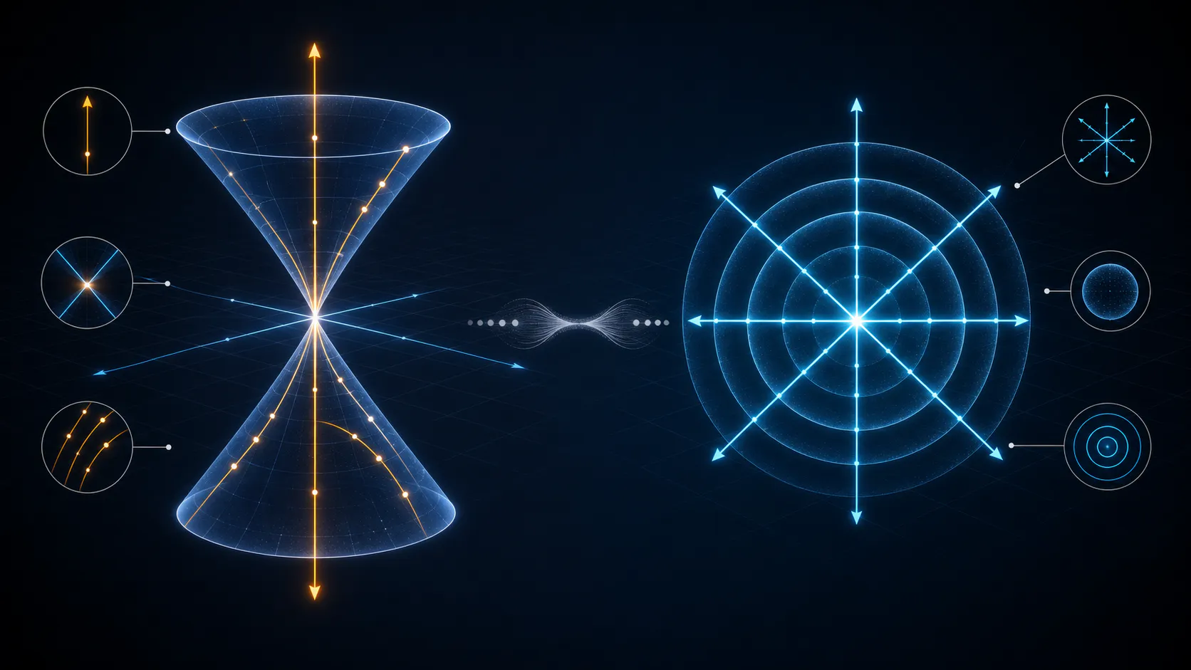 A Lorentzian light cone with a distinct amber time axis is compared with a symmetric cyan geometry whose axes and wavefronts have equal status.