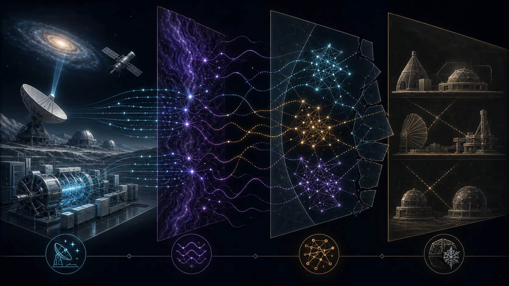 Frontier instruments send coherent measurements through a hidden interference layer, producing fractured theories and stalled observatories.