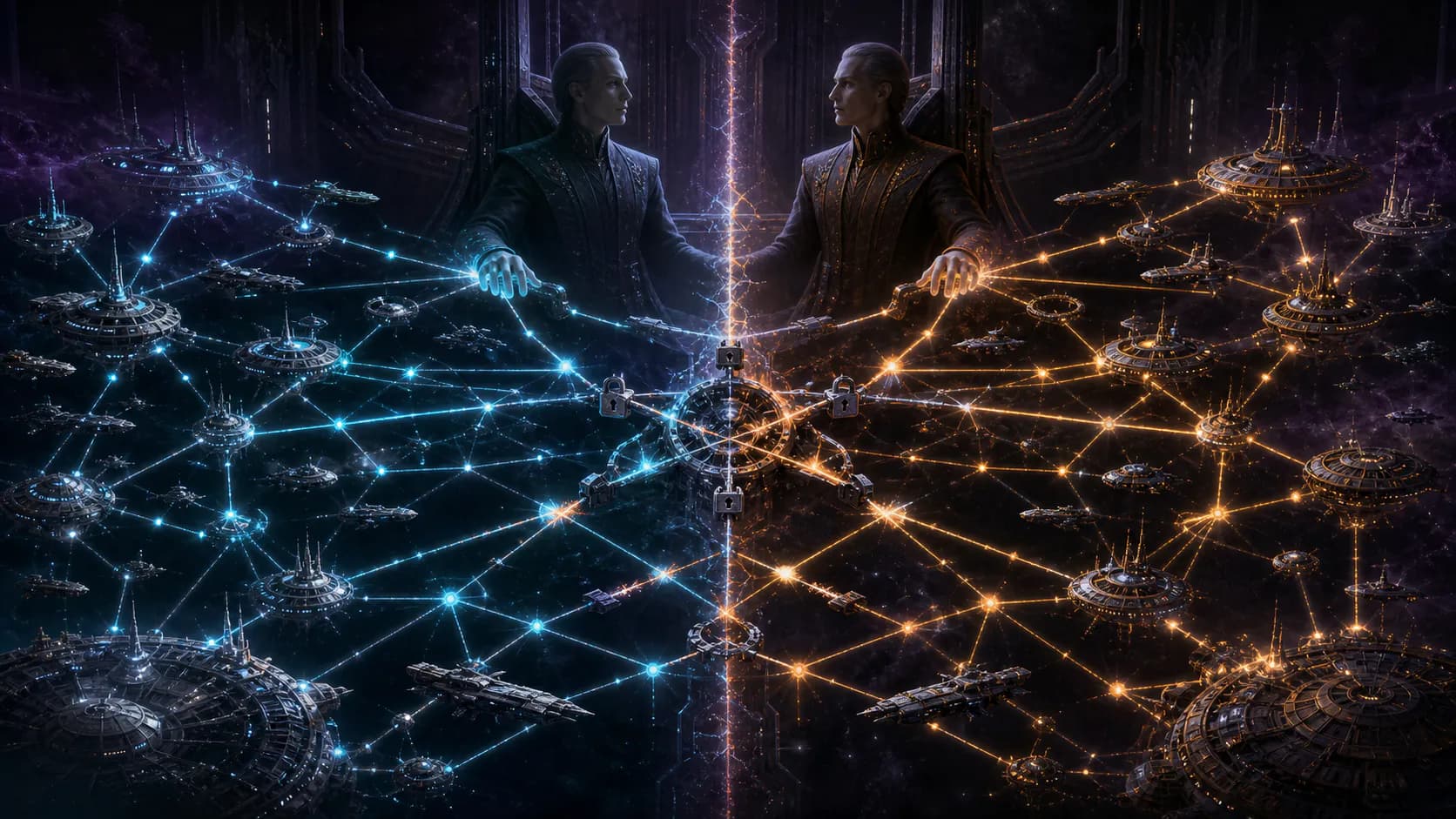 Two identical sovereign bodies face each other across a fractured command network whose amber and cyan branches issue conflicting orders to ships and stations.