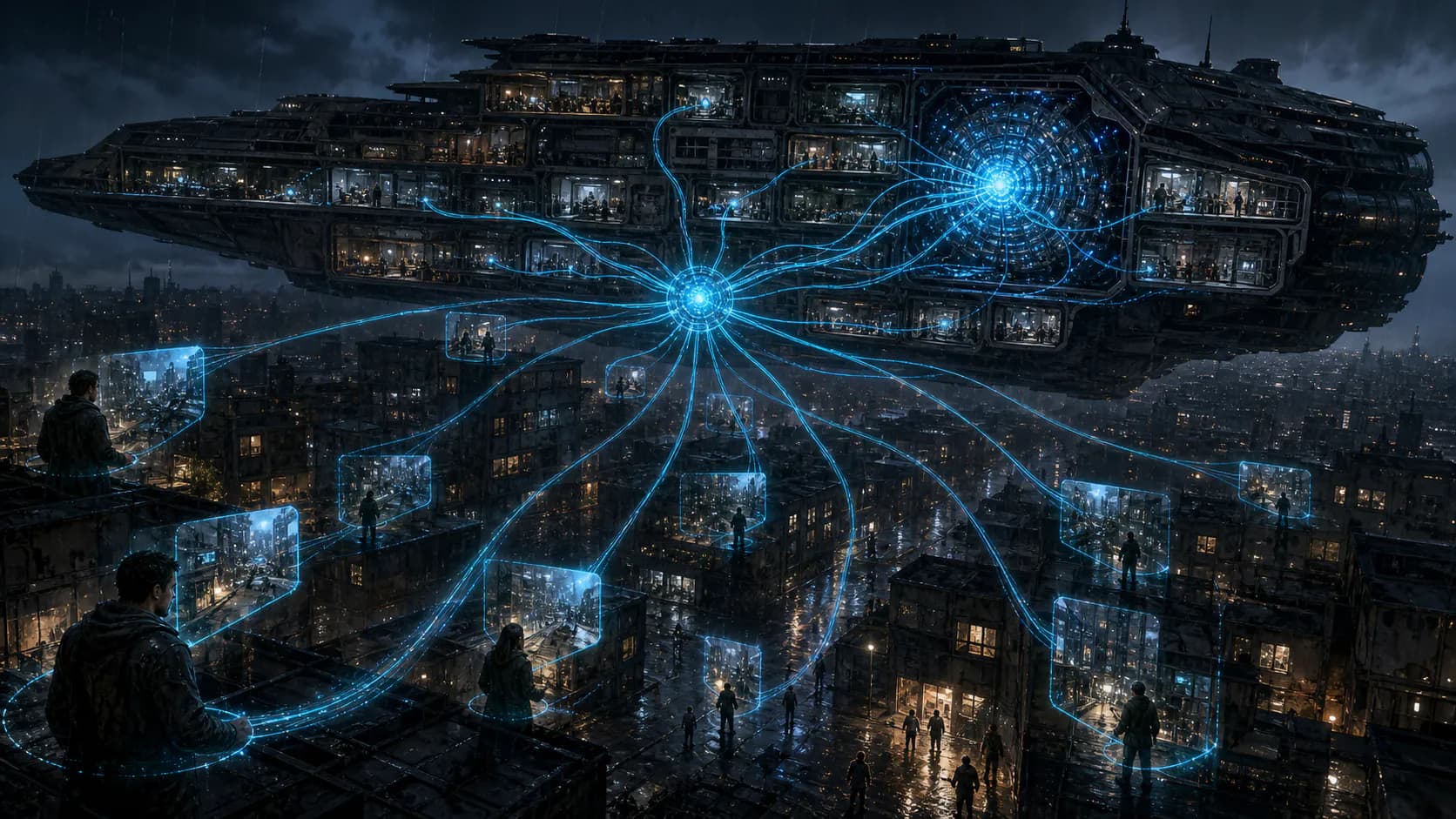A vast troop carrier shares luminous perception links with many human figures deployed through a rain-soaked city, all feeding one coordinated field of awareness.