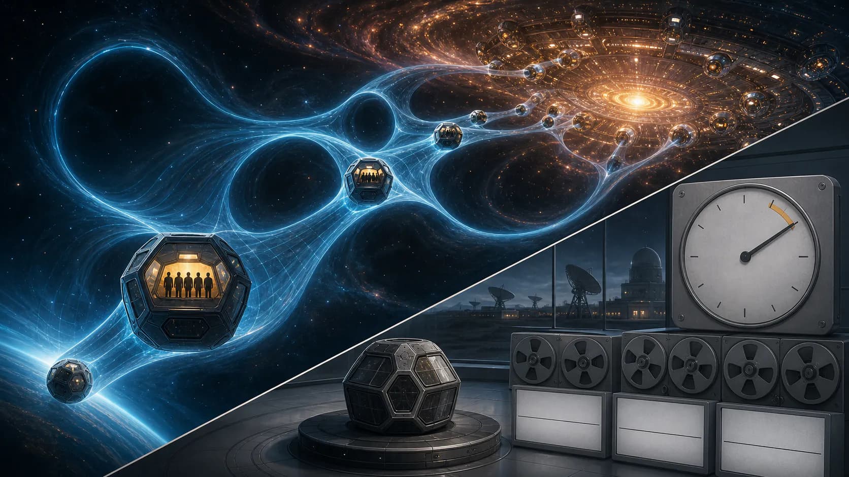 Five travelers follow branching spacetime routes toward a galactic hub while Earth observes a stationary capsule, a short clock interval, and blank recordings.