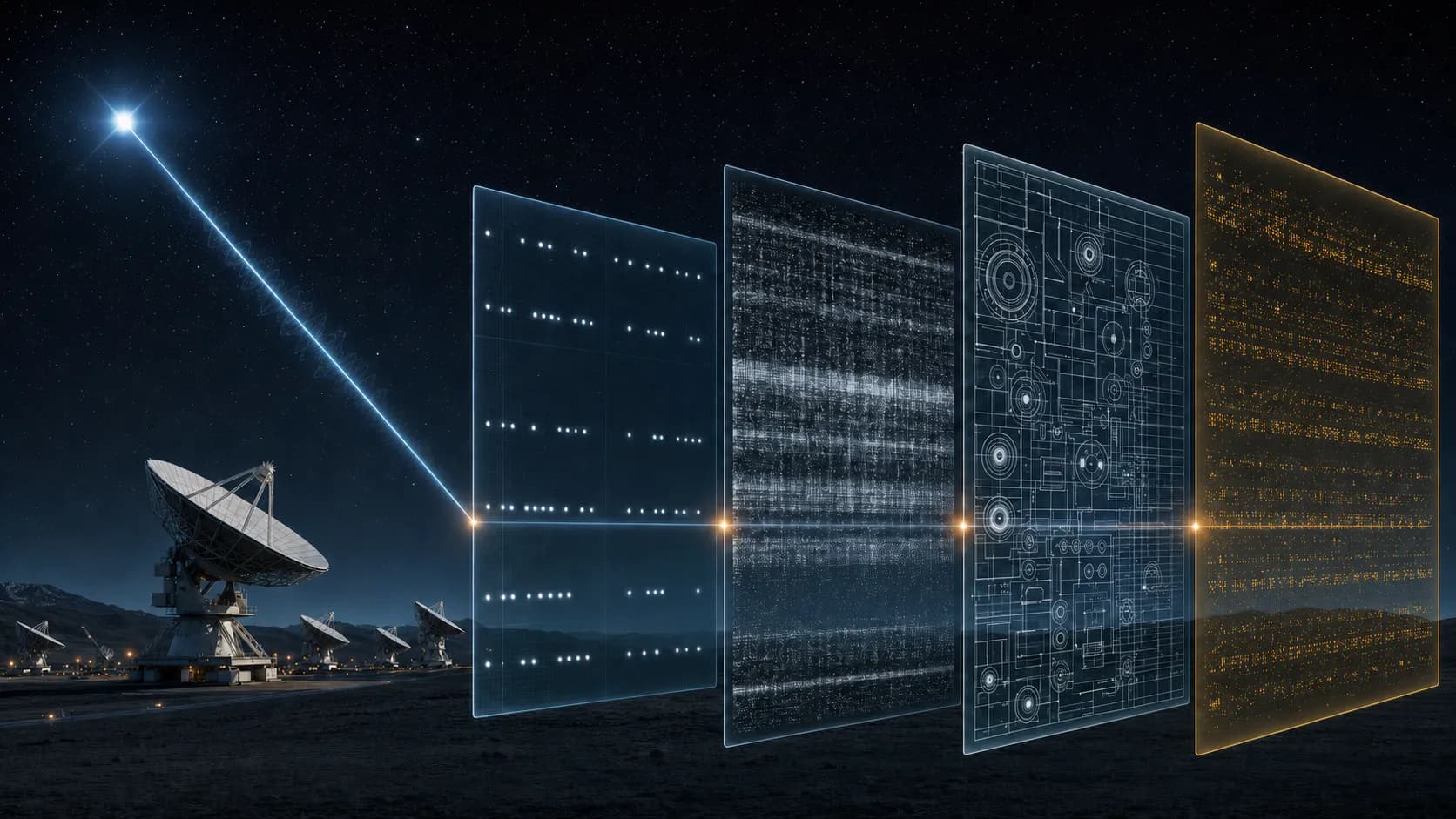 A Vega signal enters a radio telescope array and passes through pulse, broadcast, blueprint, and phase-analysis layers.