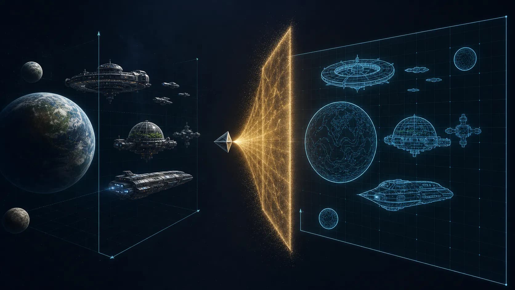 Educational visualization of three-dimensional planets and ships crossing an expanding boundary and unfolding into a luminous two-dimensional plane