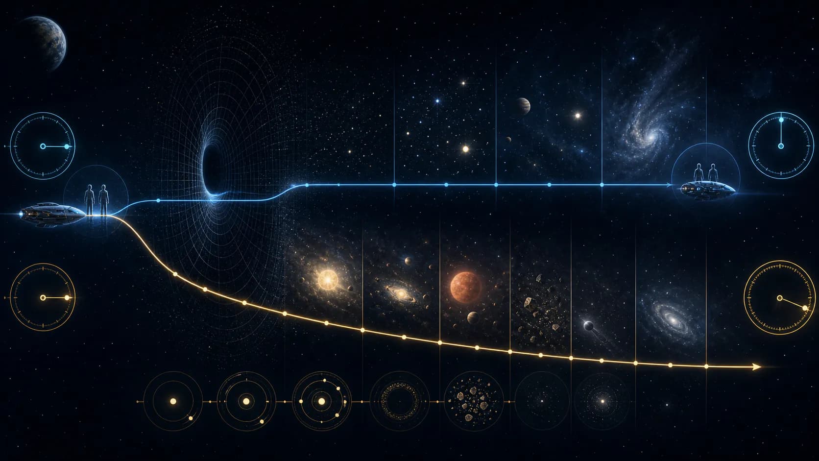 Two luminous paths compare a spacecraft's short local passage near distorted spacetime with millions of years of change in the external universe.