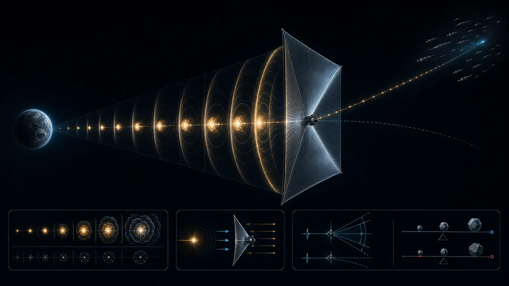 Scientific propulsion diagram of a light sail gaining speed through a spaced chain of nuclear pulse waves toward an interstellar target