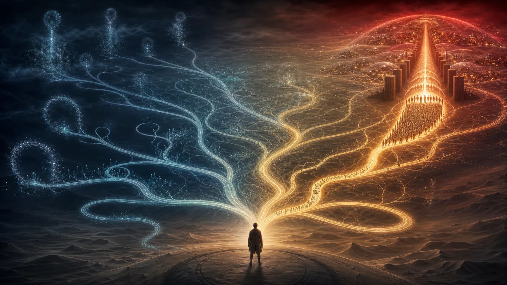 An anonymous figure faces many blue possible paths that thin away while several golden routes converge into one red-lit corridor of mass political mobilization.