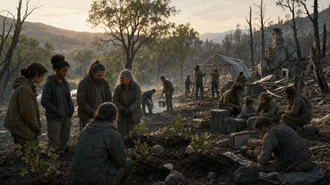 Travelers bury their dead and plant acorns beside a burned homestead while beginning water, shelter, storage, and meeting systems.