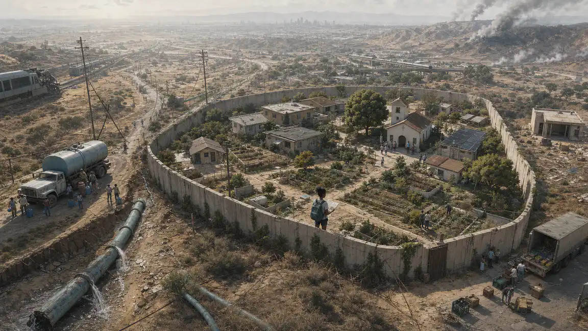 An intact walled neighborhood depends on failing water, power, food, work, and public-safety routes outside its boundary.