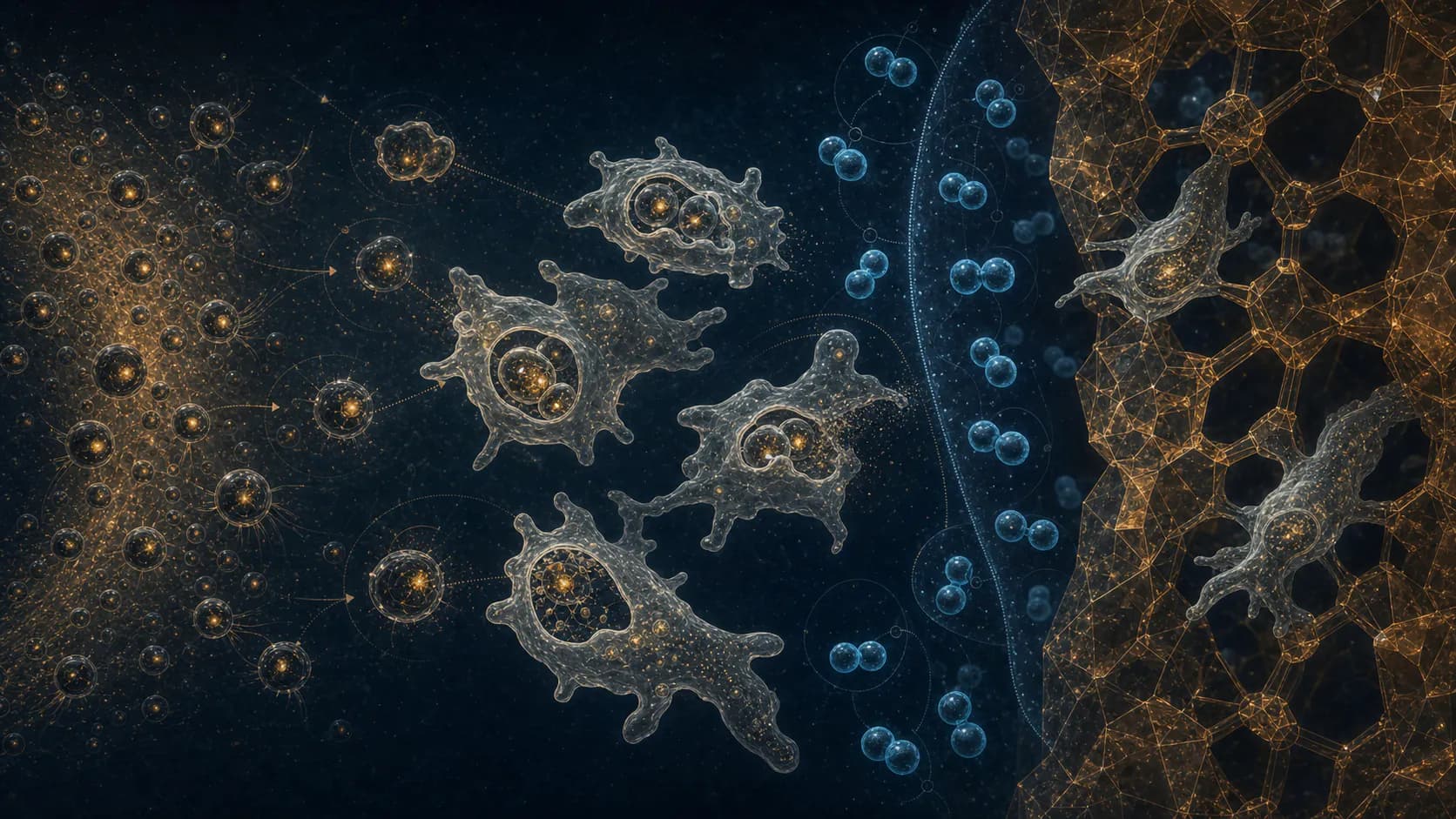 A microscopic sequence shows golden Astrophage cells being engulfed by translucent Taumoeba, blue nitrogen molecules at a boundary, and adapted Taumoeba entering gaps in an amber crystal lattice.