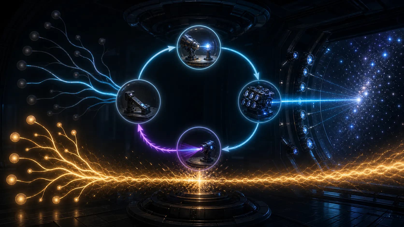 A four-stage causal loop connects a present laboratory, a reverse-time relay, a later archive, and a message received back at the starting point, with the research network dimming as the loop dominates decisions.