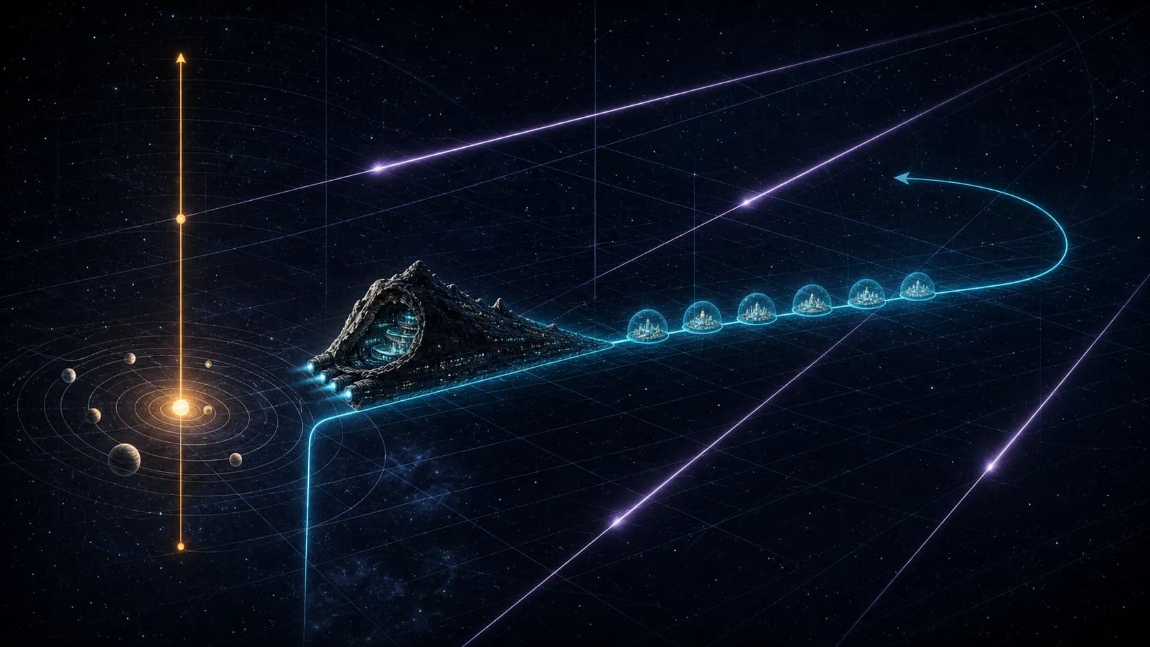 A mountain spacecraft follows a long cyan history containing six generations while the home system advances along a short amber history and Hurtler streaks cross nearby.