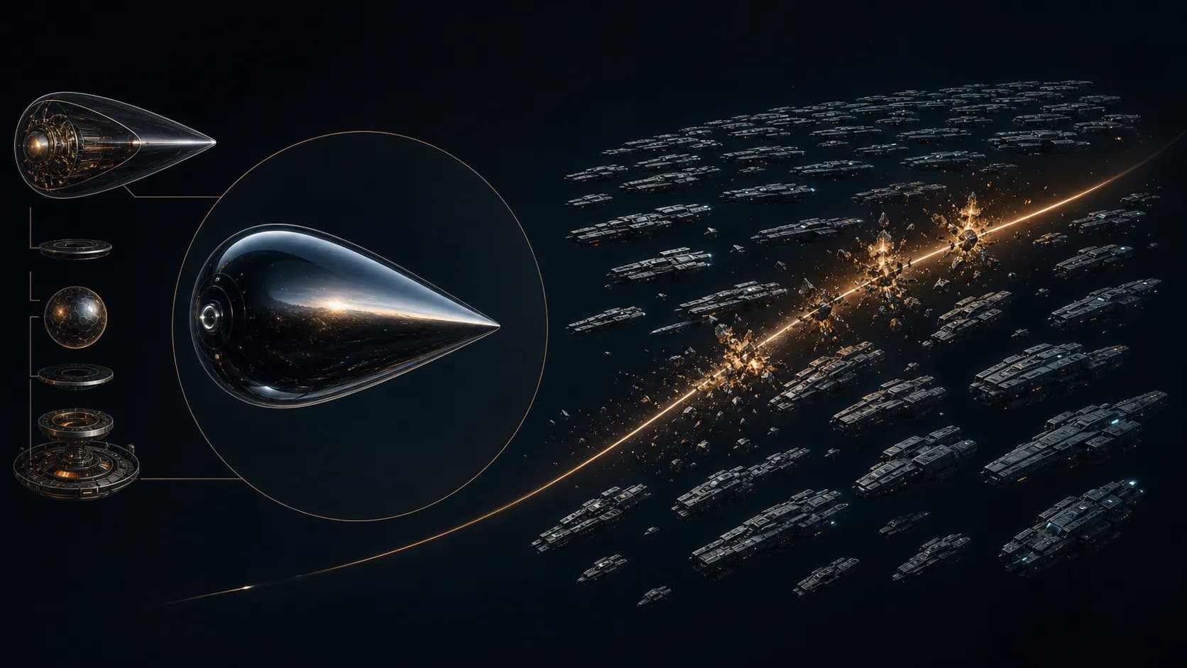 Educational space diagram comparing one reflective droplet probe with a vast ordered human fleet and its broken trajectory