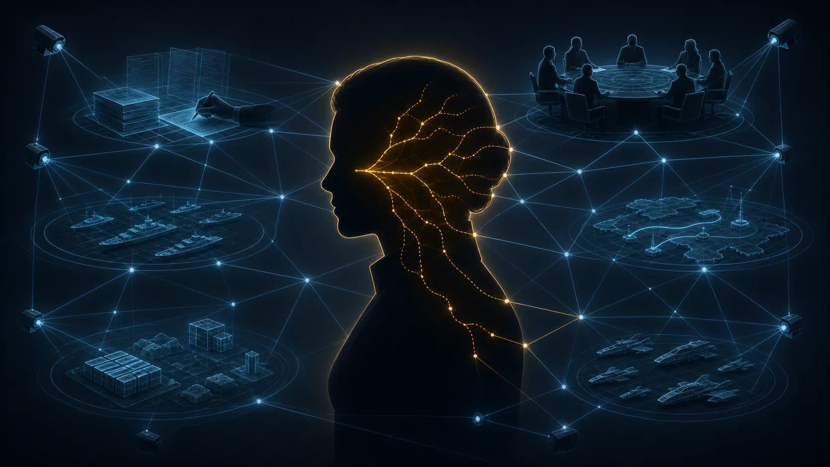 Strategic diagram showing a watched planning room surrounding one opaque human thought space with branching concealed plans