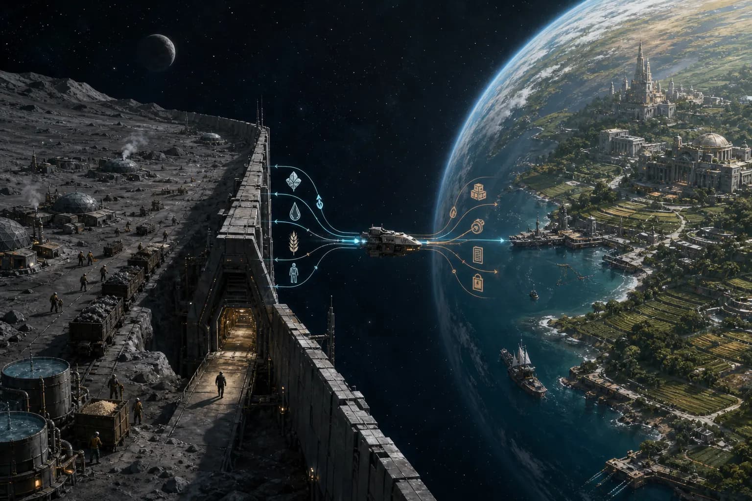A sparse moon and a lush world face one another across space, connected by a narrow freighter route through a walled port and unequal flows of goods and knowledge.