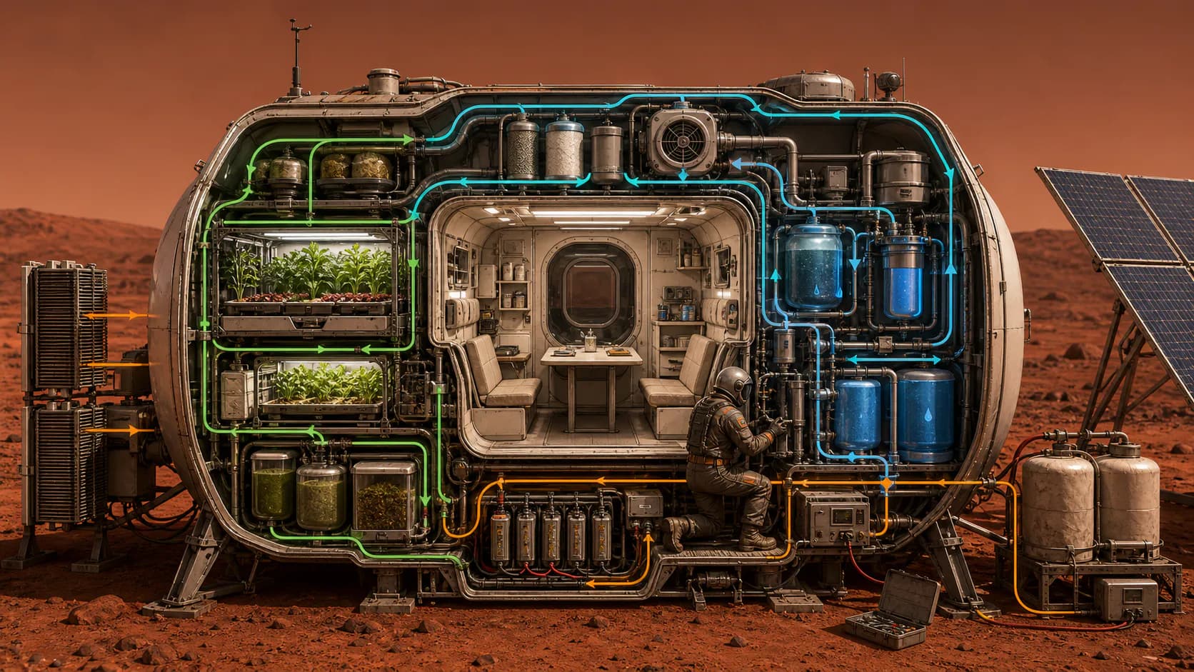 Cutaway teaching view of a Mars habitat connecting crops, atmosphere processing, water recovery, electrical power, storage, and heat rejection.