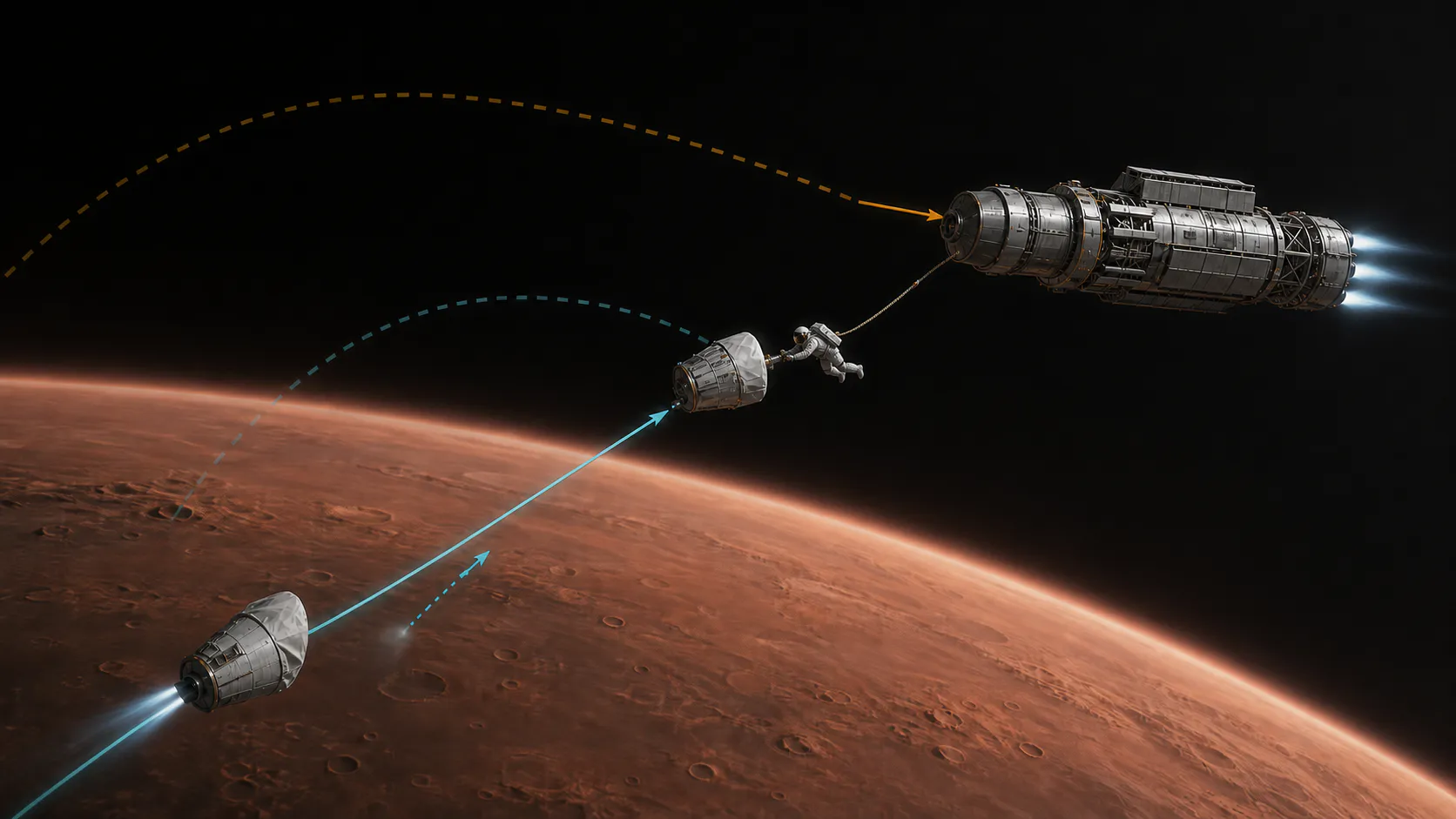 Mars, a rising ascent vehicle, and the passing Hermes follow mismatched paths that are corrected into a close orbital interception.