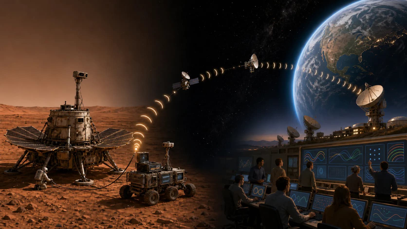A recovered Mars lander and rover exchange delayed signals with antennas and engineers on distant Earth.